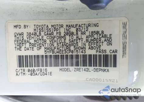 2012 Toyota Corolla Le z USA, uszkodzony, nr VIN 5YFBU4EE3CP015143